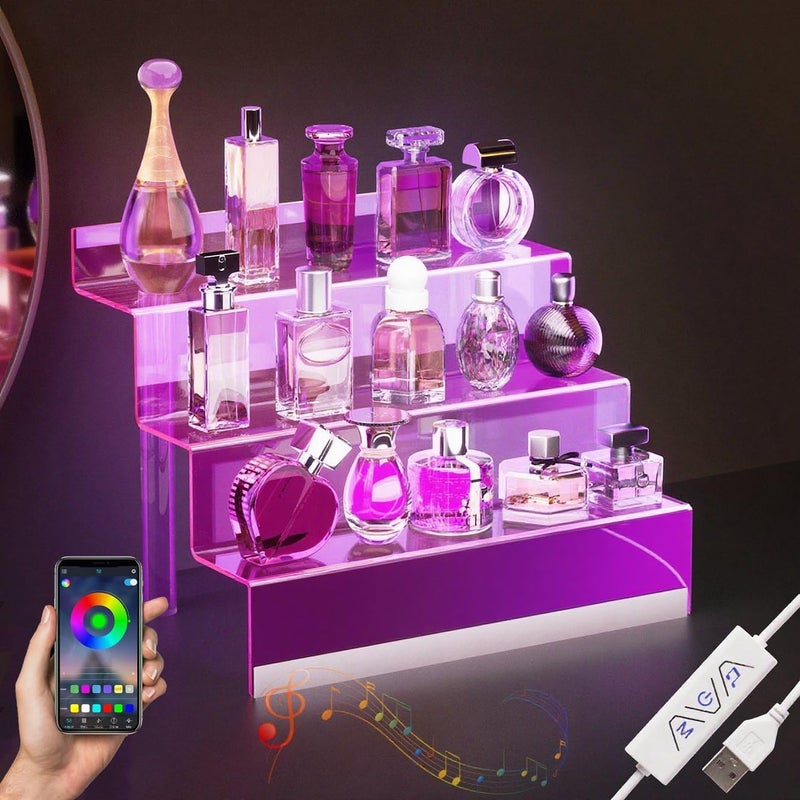 Golener 12” Acrylic Display Organizer with LED Light - 3 Tier Perfume Stand and Display Step Shelves Holder, Cologne Organizer for Men, Figures Stand, Porta Perfumes Para Tocador, Clear Riser, Dessert Shelf - Image 1